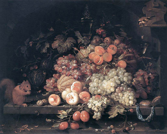 Abraham Mignon Fruit Still-Life with Squirrel and Goldfinch - Canvas Print