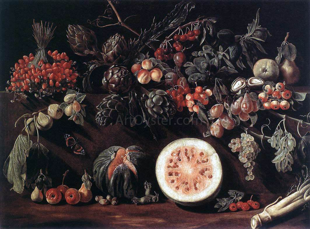Pietro Paolo Bonzi Fruit, Vegetables and a Butterfly - Canvas Print