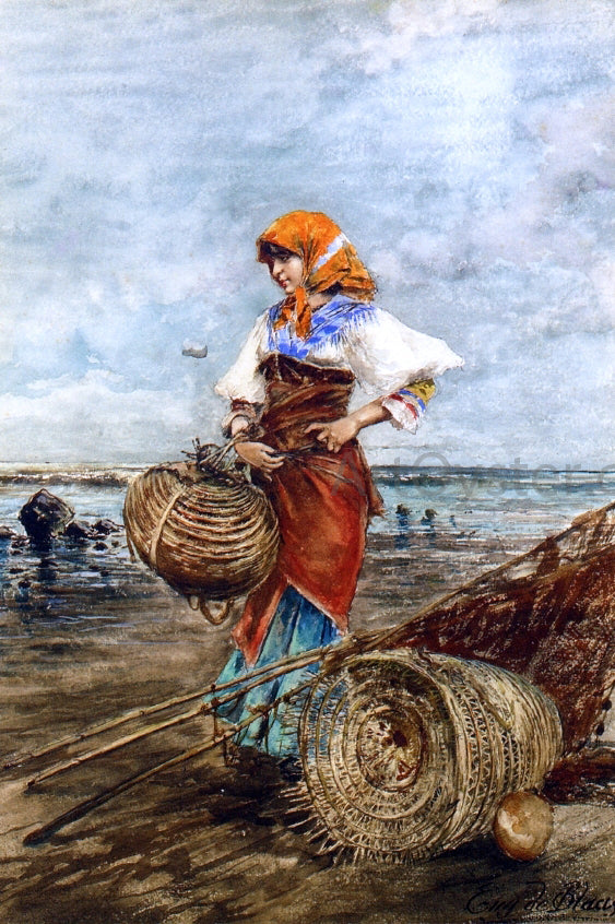 Eugene De Blaas Gathering Cockles at the Seashore - Canvas Print