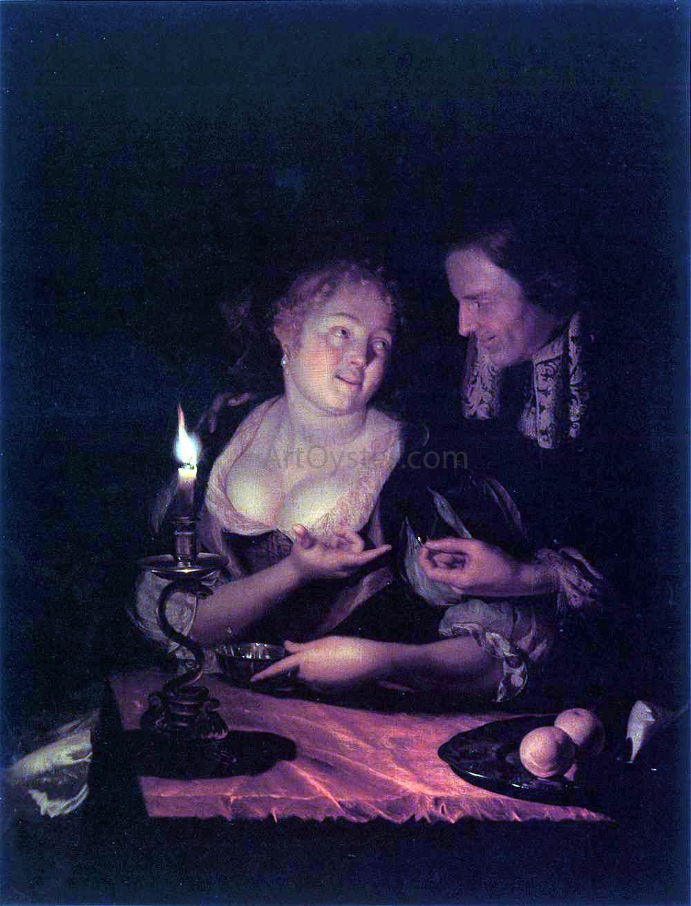 Godfried Schalcken Gentleman Offering a Lady a Ring in a Candlelit Bedroom - Canvas Print