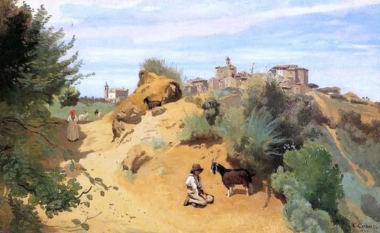 Jean-Baptiste-Camille Corot Genzano - Goatherd and Village - Canvas Print