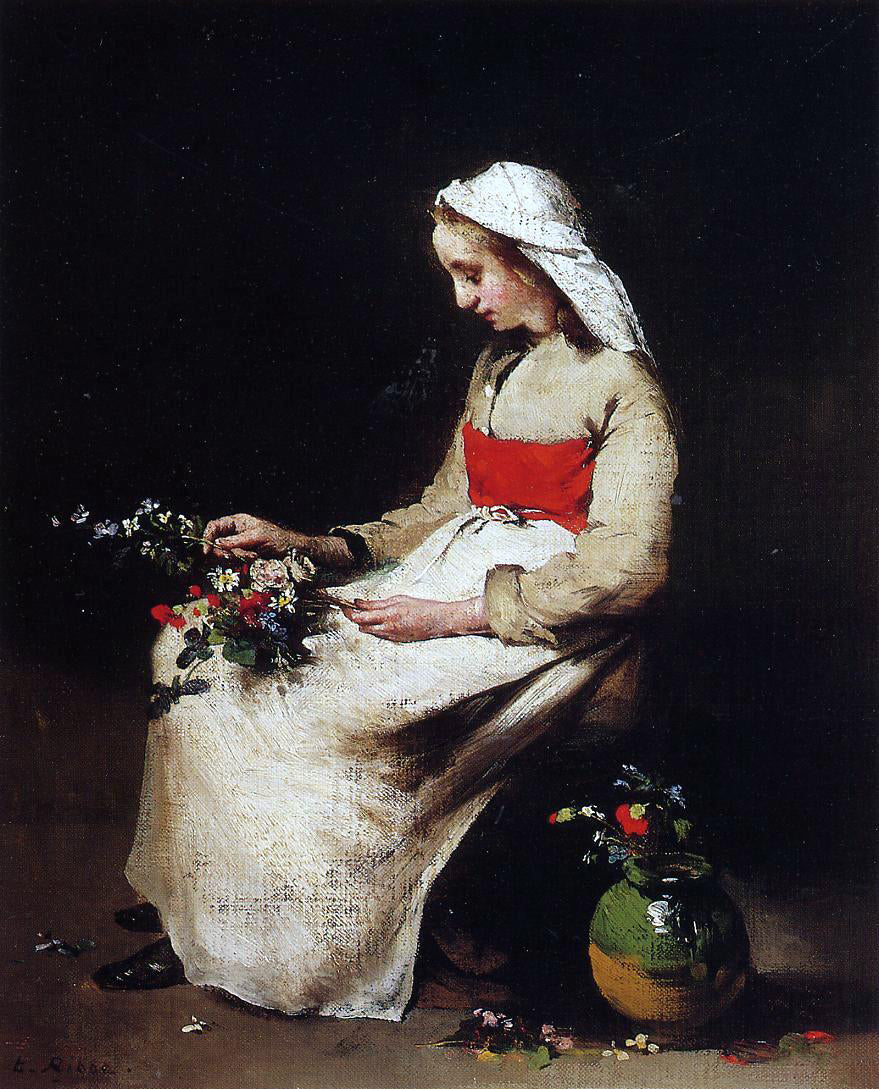 Theodule Ribot Girl Arranging a Vase of Flowers - Canvas Print
