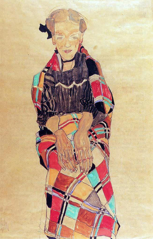 Egon Schiele Girl in Black Pinafore, Wrapped in Plaid blanket - Canvas Print