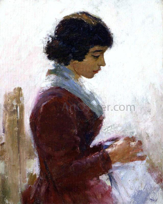 Theodore Robinson Girl in Red, Sewing - Canvas Print