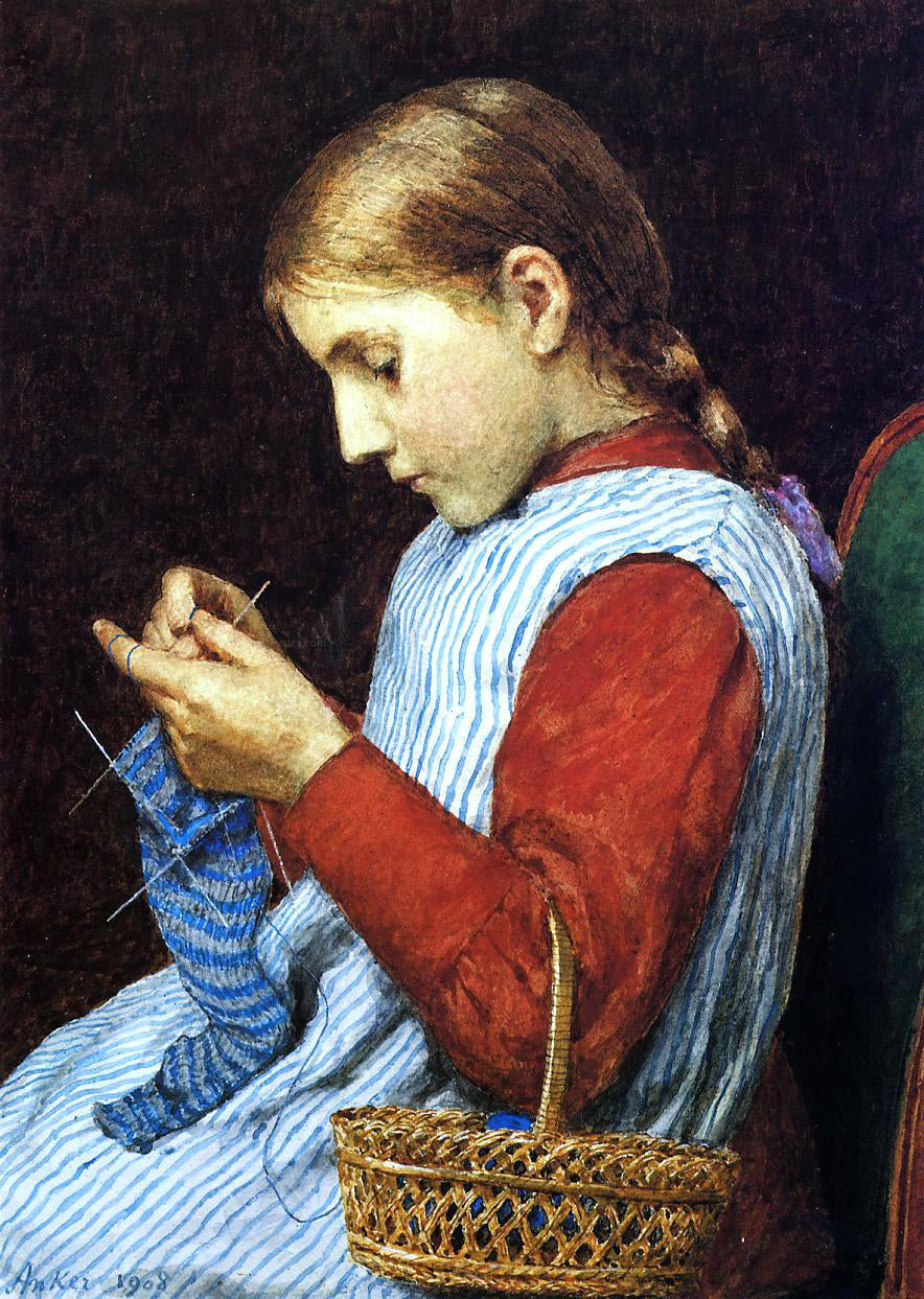 Julian Alden Weir Girl Knitting - Canvas Print
