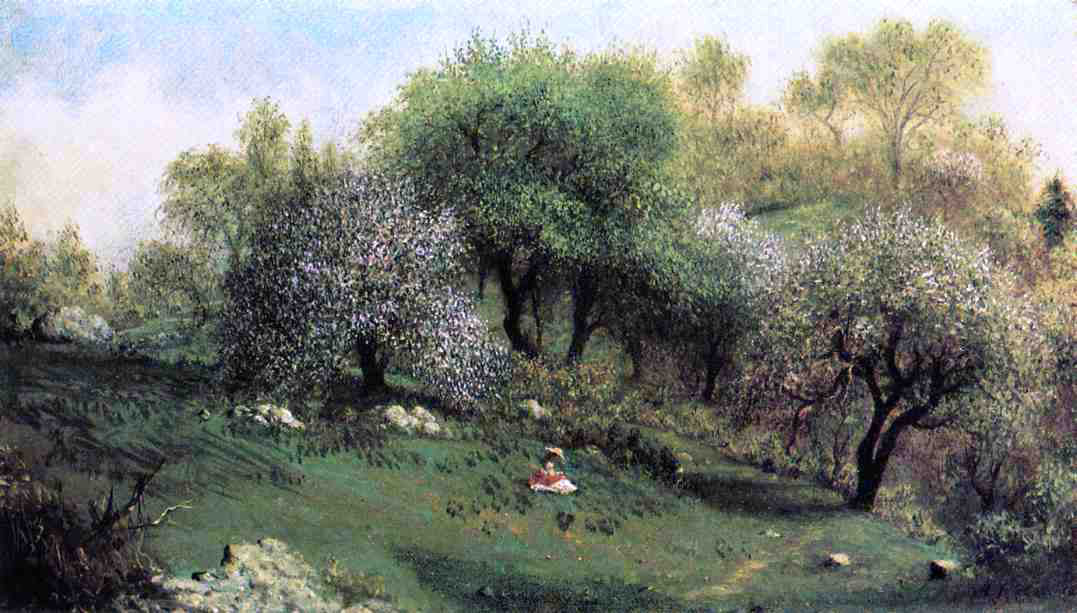 Martin Johnson Heade Girl on a Hillside, Apple Blossoms - Canvas Print
