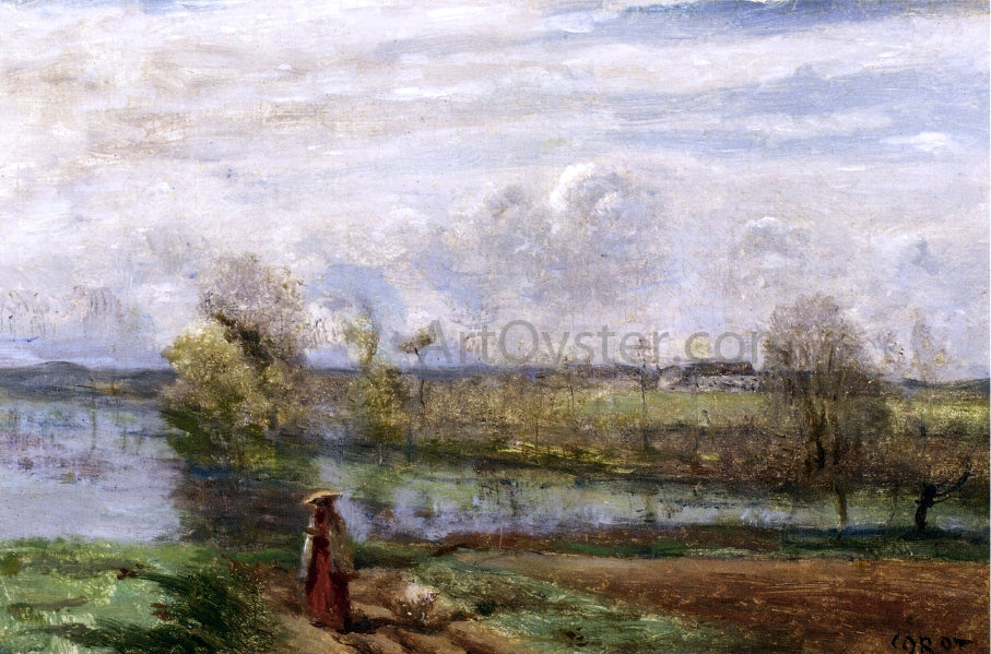 Jean-Baptiste-Camille Corot Girl Reading by the Water - Canvas Print