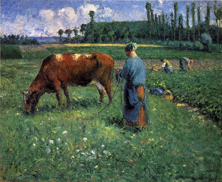 Camille Pissarro A Girl Tending a Cow in a Pasture - Canvas Print