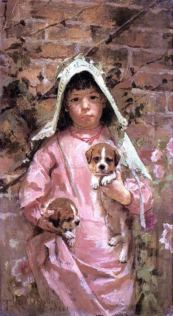 Theodore Robinson Girl with Puppies - Canvas Print