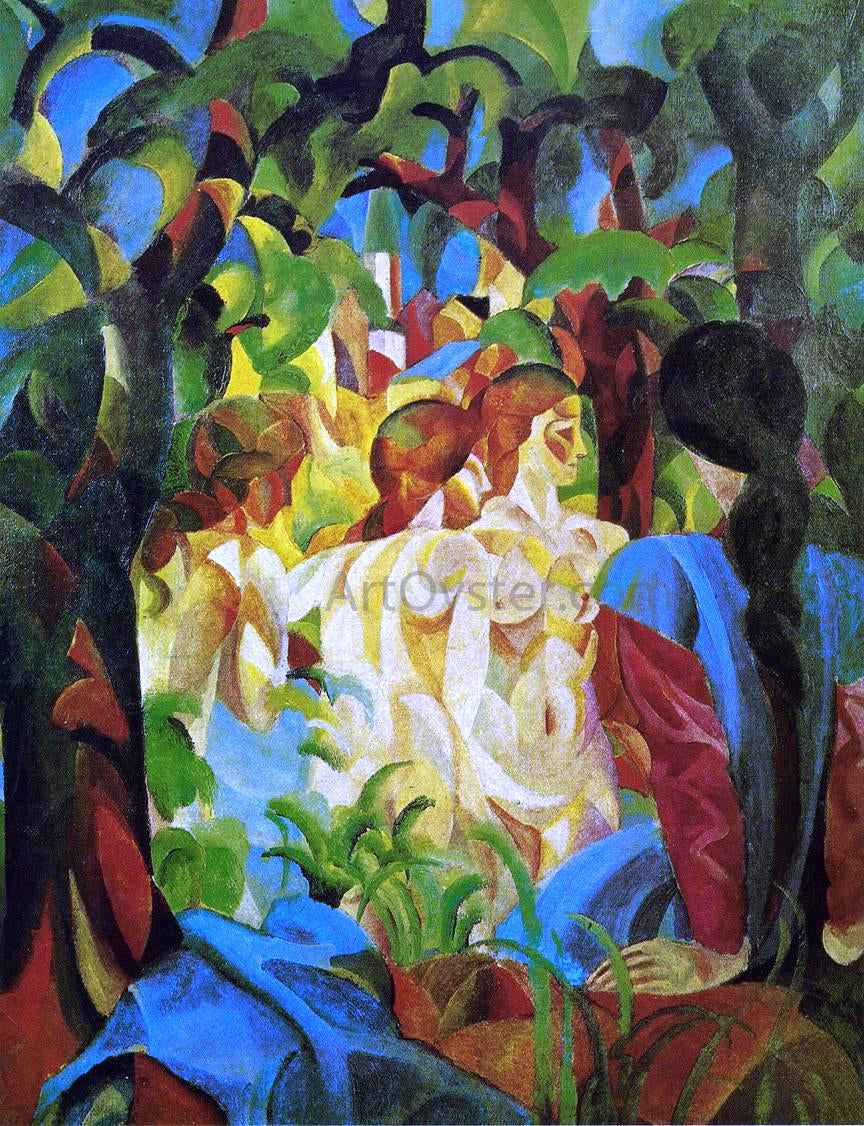 August Macke Girls Bathing with Town in Background - Canvas Print