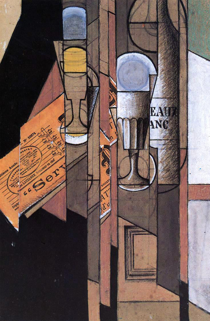 Juan Gris Glasses, Newspaper and Bottle of Wine - Canvas Print