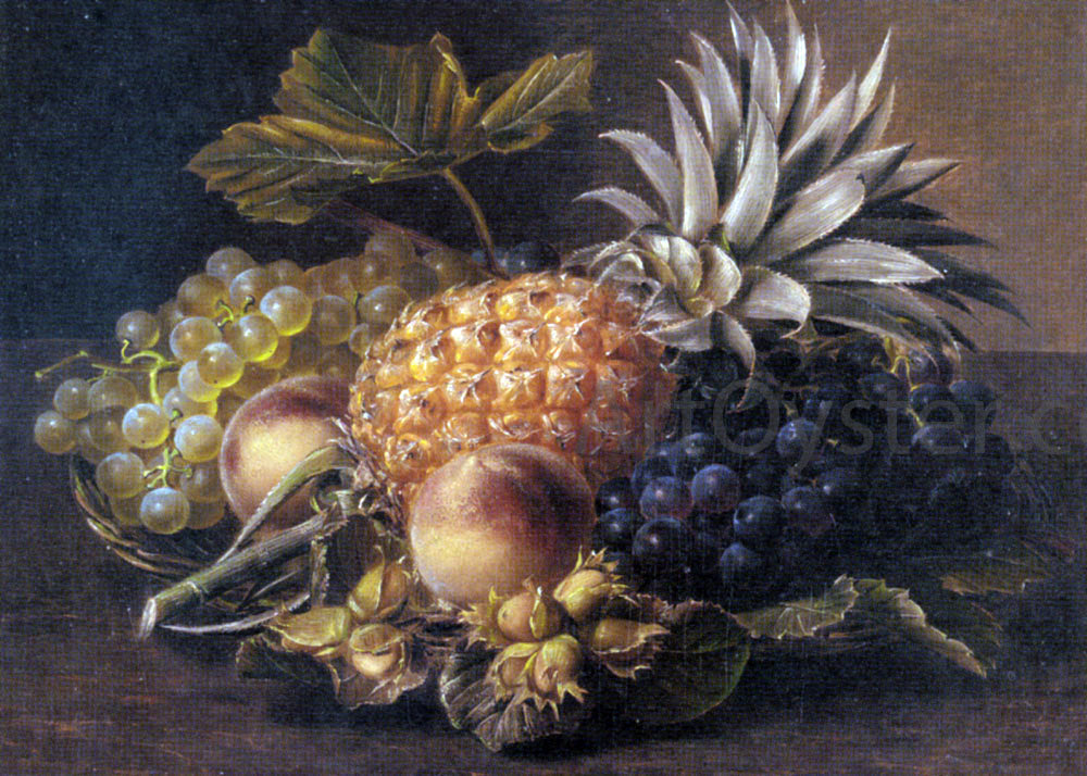 Johan Laurentz Jensen Grapes, a Pineapple, Peaches and Hazelnuts in a Basket - Canvas Print