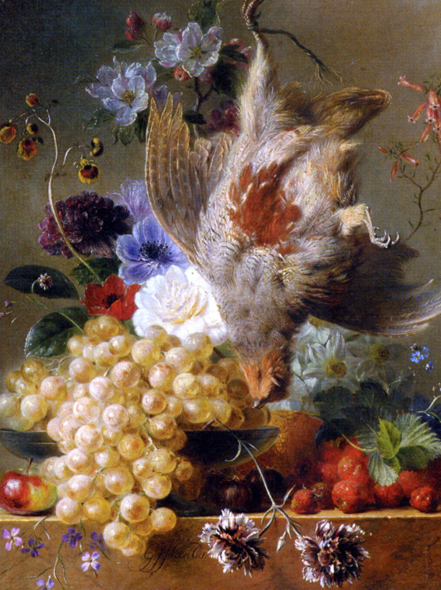 George Jacobus Johannes Van Os Grapes Strawberries Chestnuts an Apple and Spring Flowers - Canvas Print