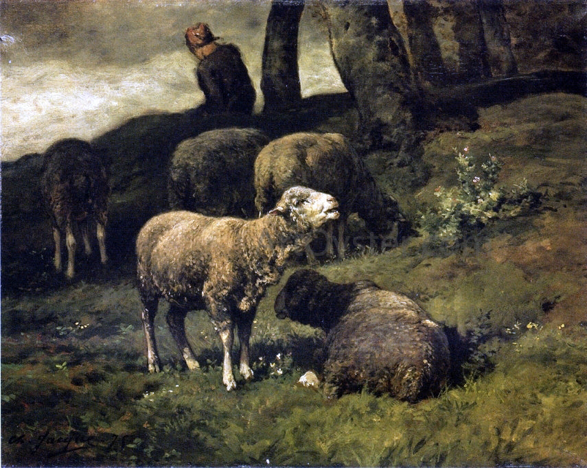 Charles Emile Jacque Grazing Sheep with a Sheperdhess Beyond - Canvas Print