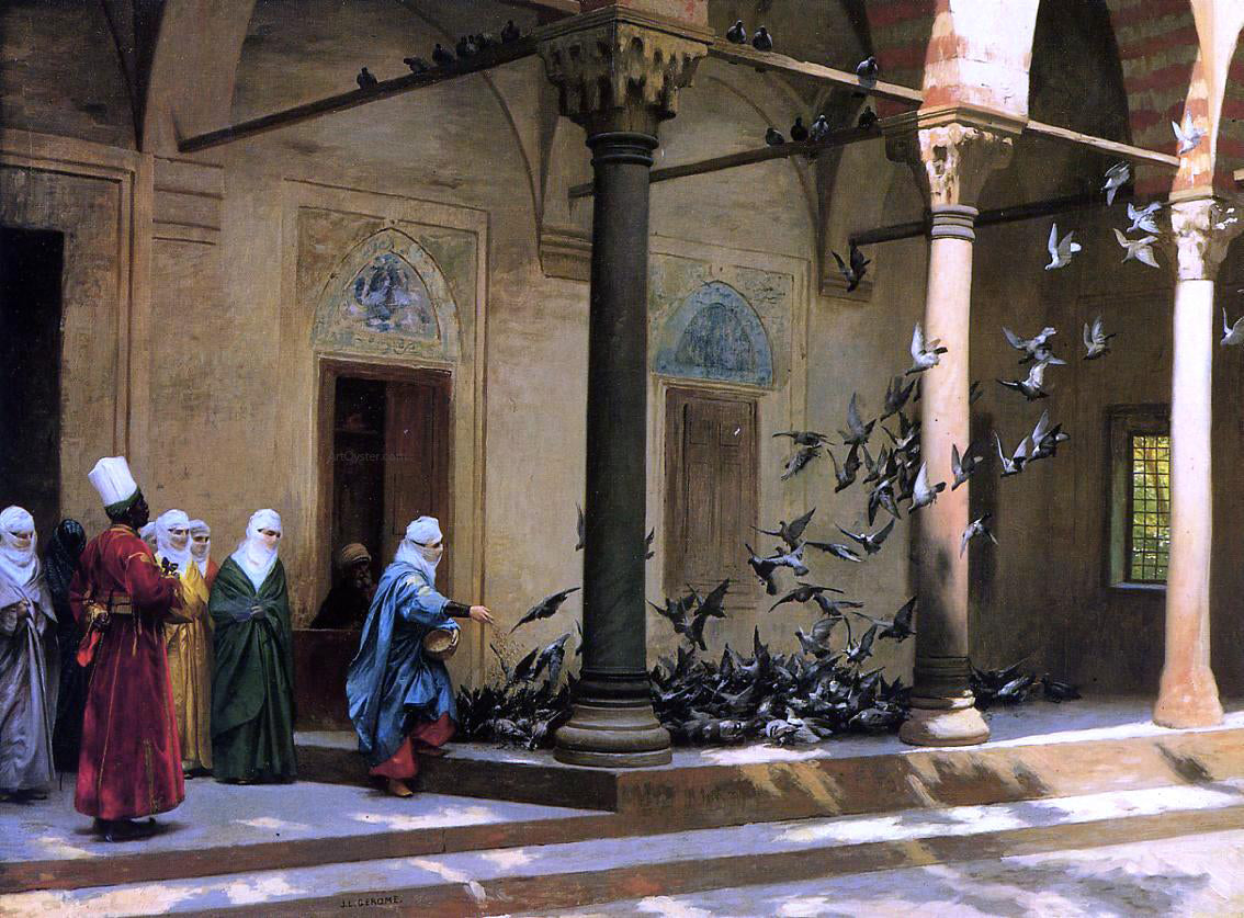 Jean-Leon Gerome Harem Women Feeding Pigeons in a Courtyard - Canvas Print