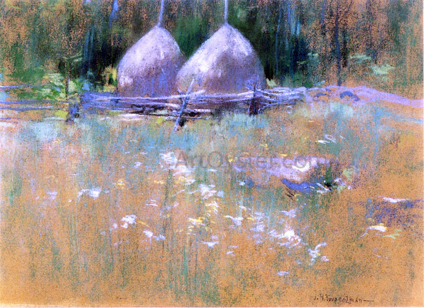 John Twachtman Haystacks at Edge of Woods - Canvas Print