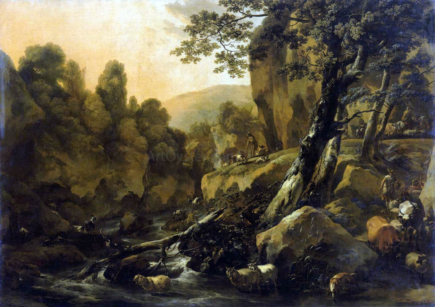 Nicolaes Berchem Herdsmen and Herds at a Waterfall - Canvas Print