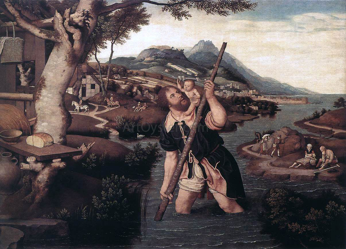 Jan Mostaert Hilly River Landscape with St Christopher - Canvas Print