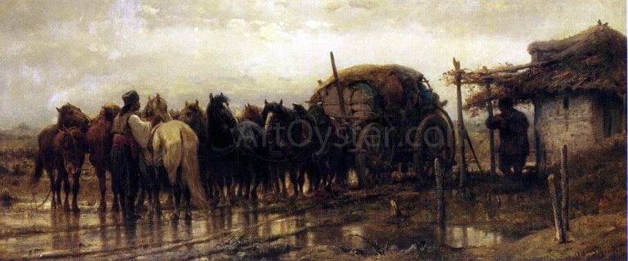 Adolf Schreyer Hitching Horses to the Wagon - Canvas Print