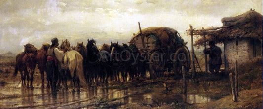 Adolf Schreyer Hitching Horses to the Wagon - Canvas Print