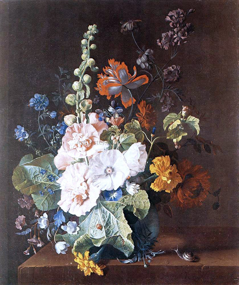 Jan Van Huysum Hollyhocks and Other Flowers in a Vase - Canvas Print