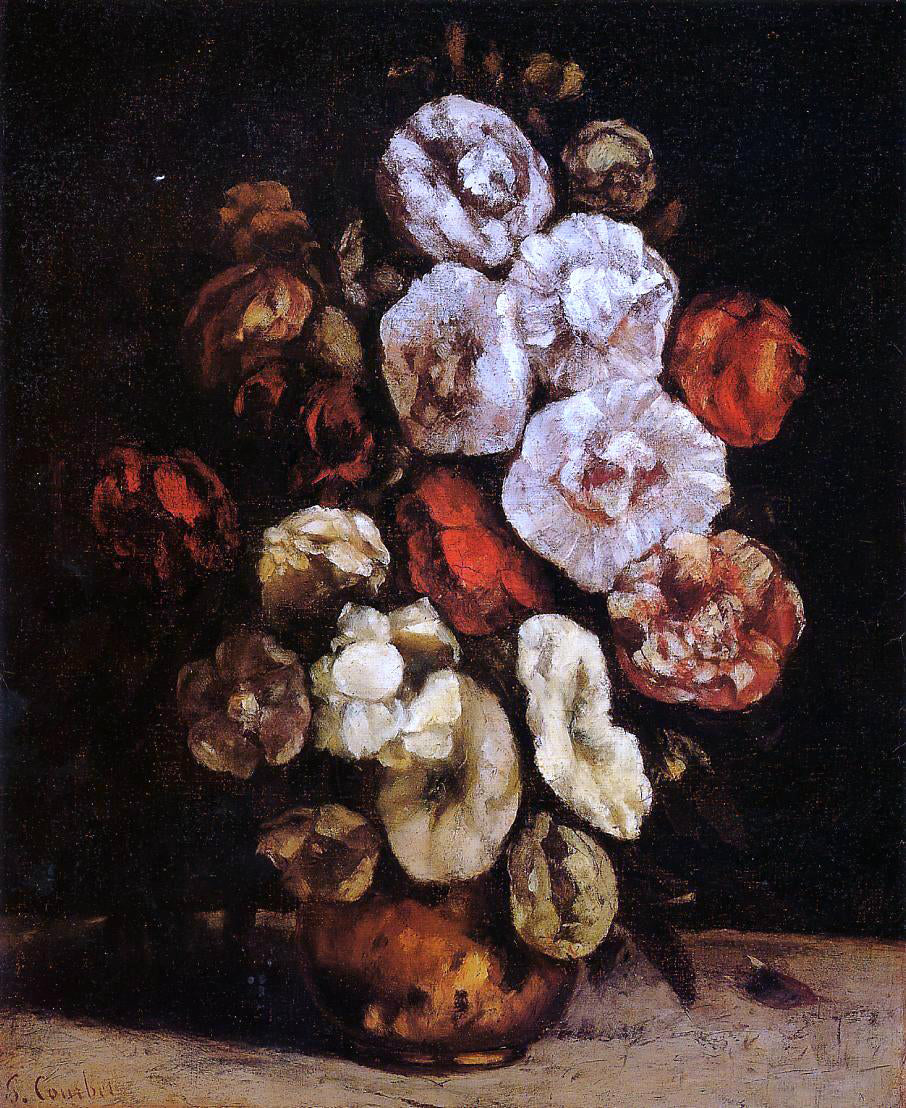 Gustave Courbet Hollyhocks in a Copper Bowl - Canvas Print