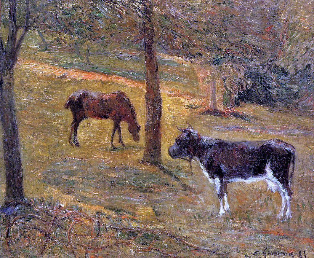 Paul Gauguin Horse and Cow in a Field - Canvas Print