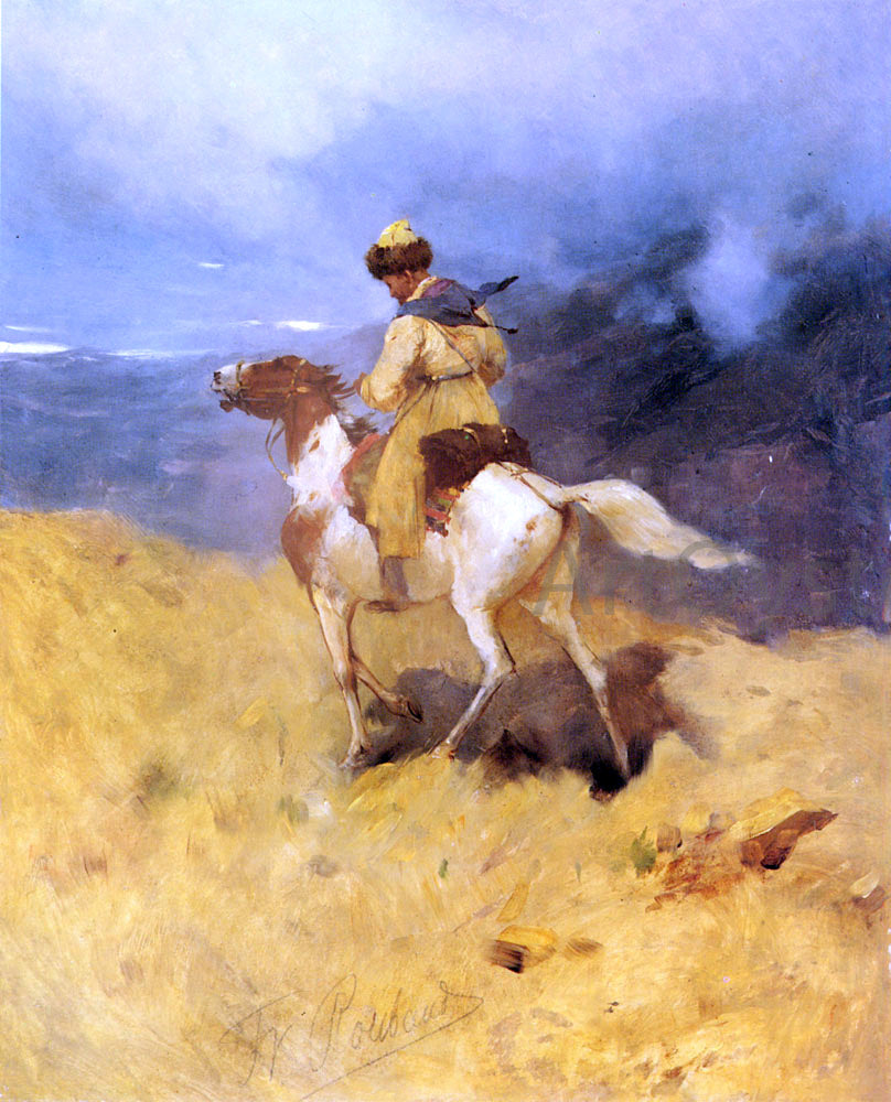 Franz Roubaud A Horseman in a Mountainous Landscape - Canvas Print