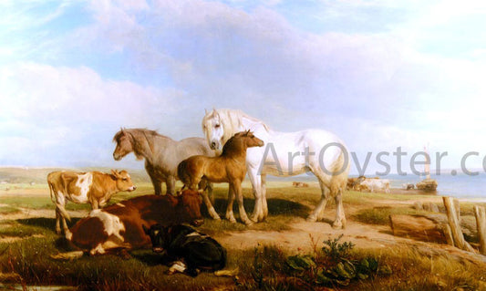 Henry Willis RWS Horses And Cattle On The Shore - Canvas Print
