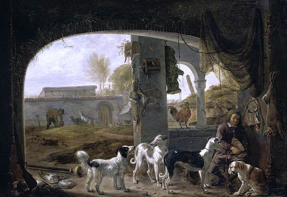 Cornelis Saftleven Huntsman Feeding His Dogs - Canvas Print