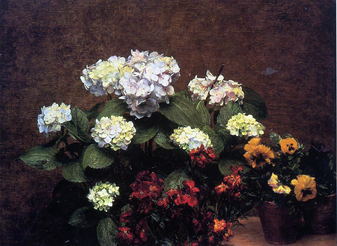 Henri Fantin-Latour Hydrangias, Cloves and Two Pots of Pansies - Canvas Print