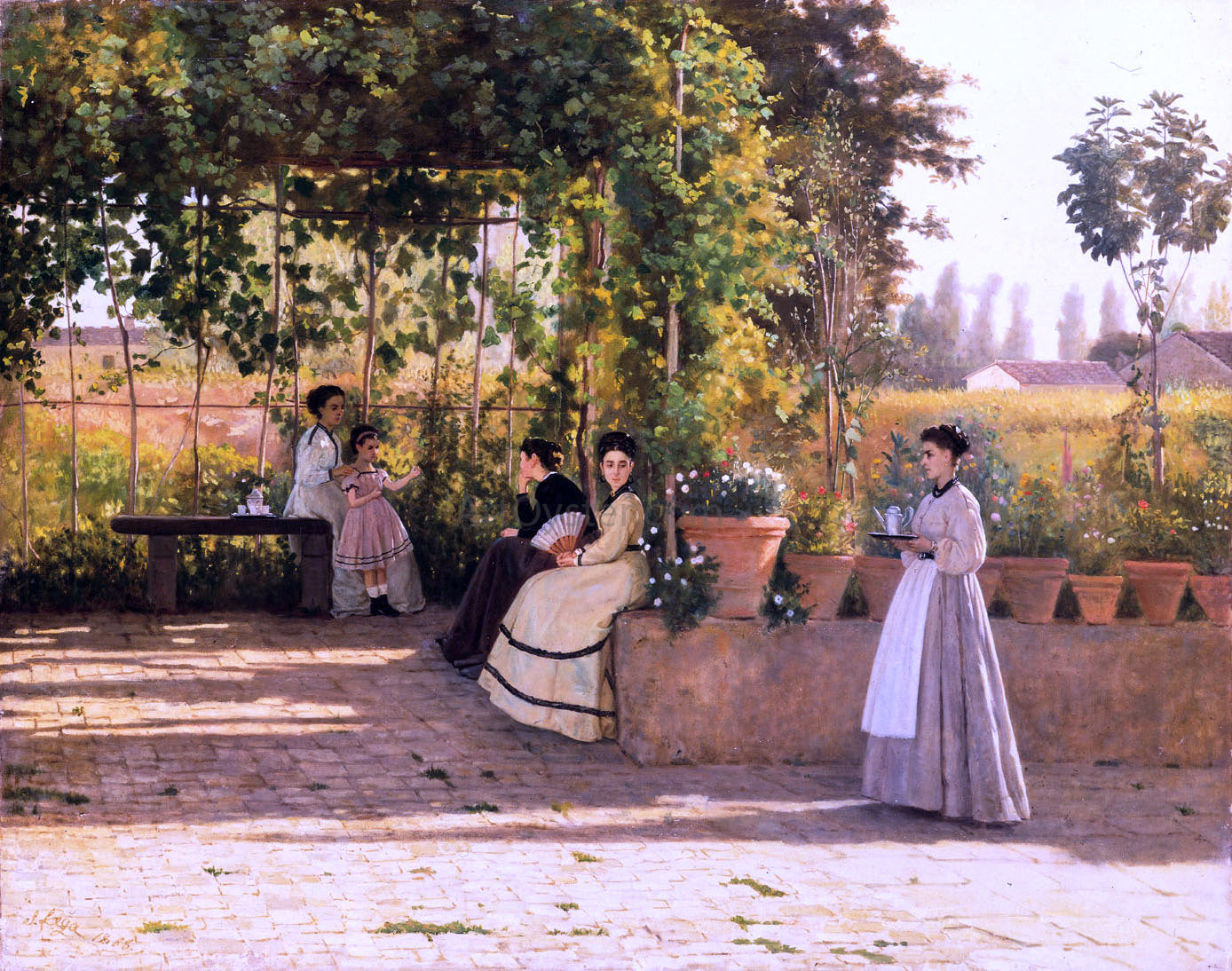 Silvestro Lega Il pergolato (also known as Il dopopranzo) - Canvas Print