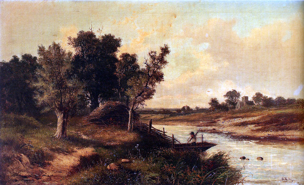 Junior Abraham Hulk In The English Countryside: An Angler In A Boat On A River, A Village Church Beyond - Canvas Print
