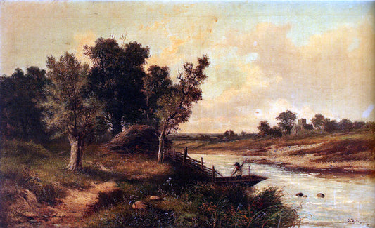 Junior Abraham Hulk In The English Countryside: An Angler In A Boat On A River, A Village Church Beyond - Canvas Print
