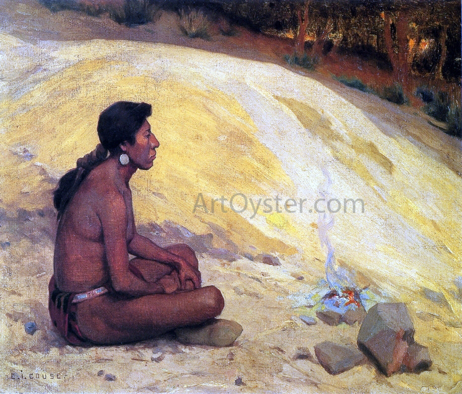 E Irving Couse Indian Seated by a Campfire - Canvas Print