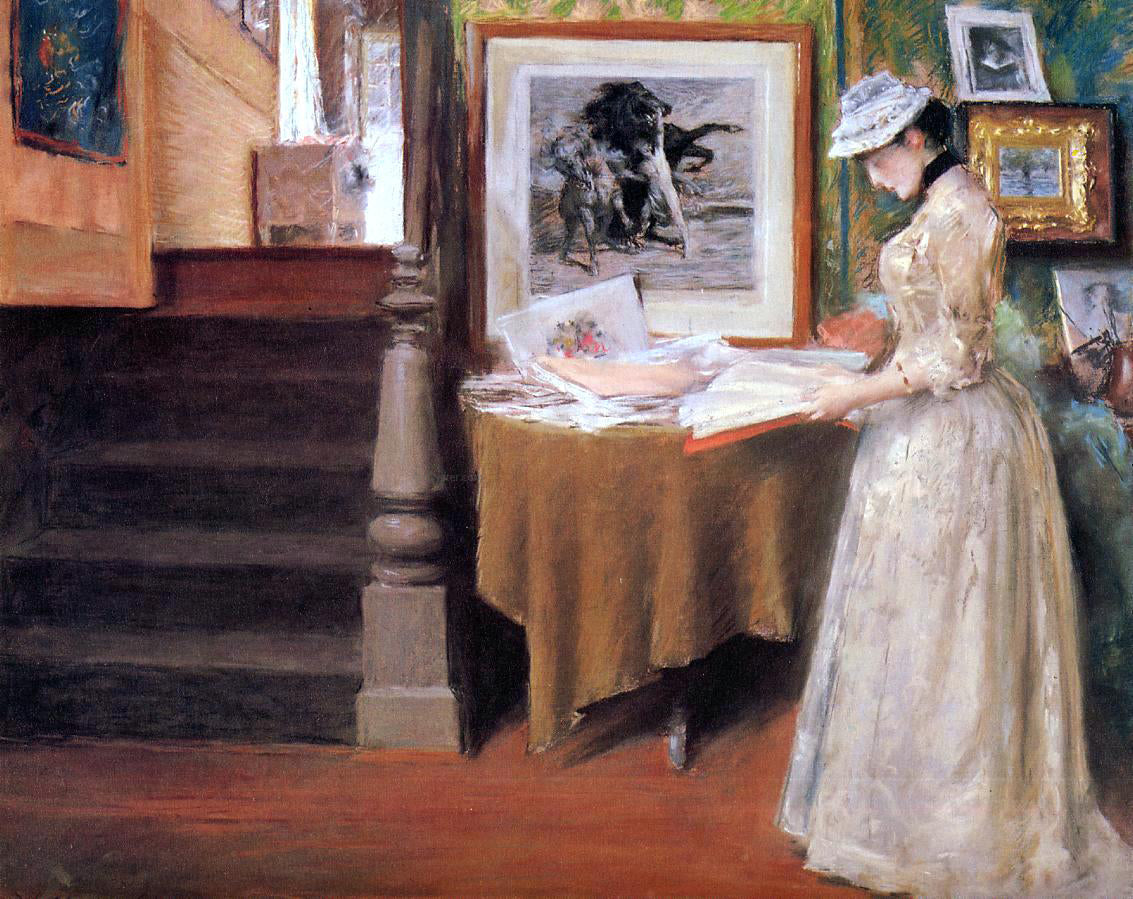 William Merritt Chase Interior, Young Woman at a Table - Canvas Print