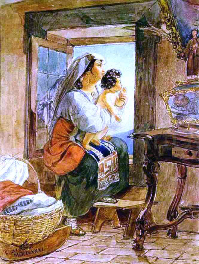 Karl Pavlovich Brulloff Italian Woman with a Child by a Window - Canvas Print