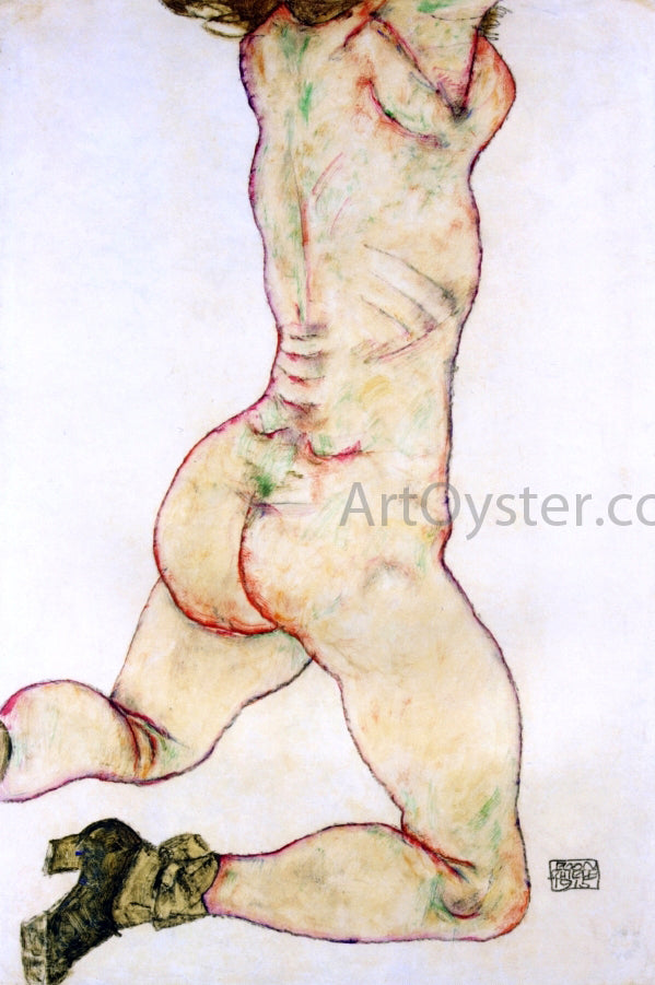 Egon Schiele Kneeling Female Nude, Back View - Canvas Print
