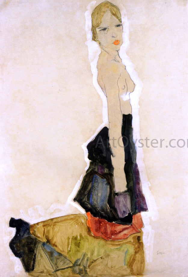 Egon Schiele Kneeling Semi-Nude - Canvas Print