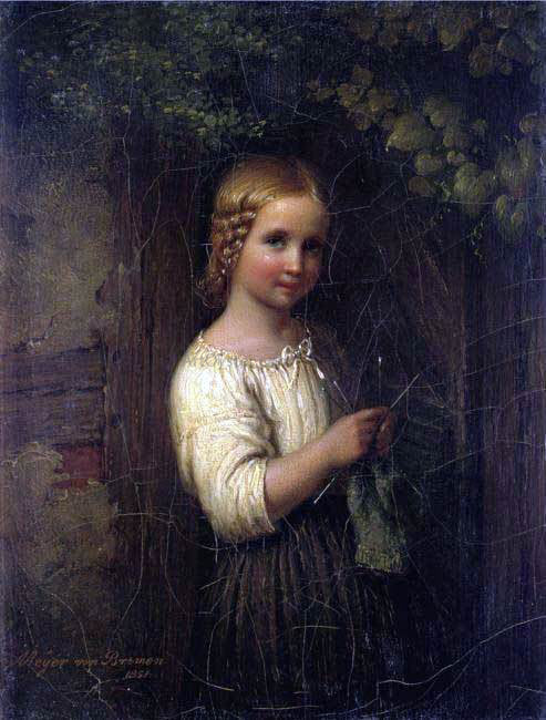 Johann Georg Meyer Von Bremen Knitting Girl - Canvas Print