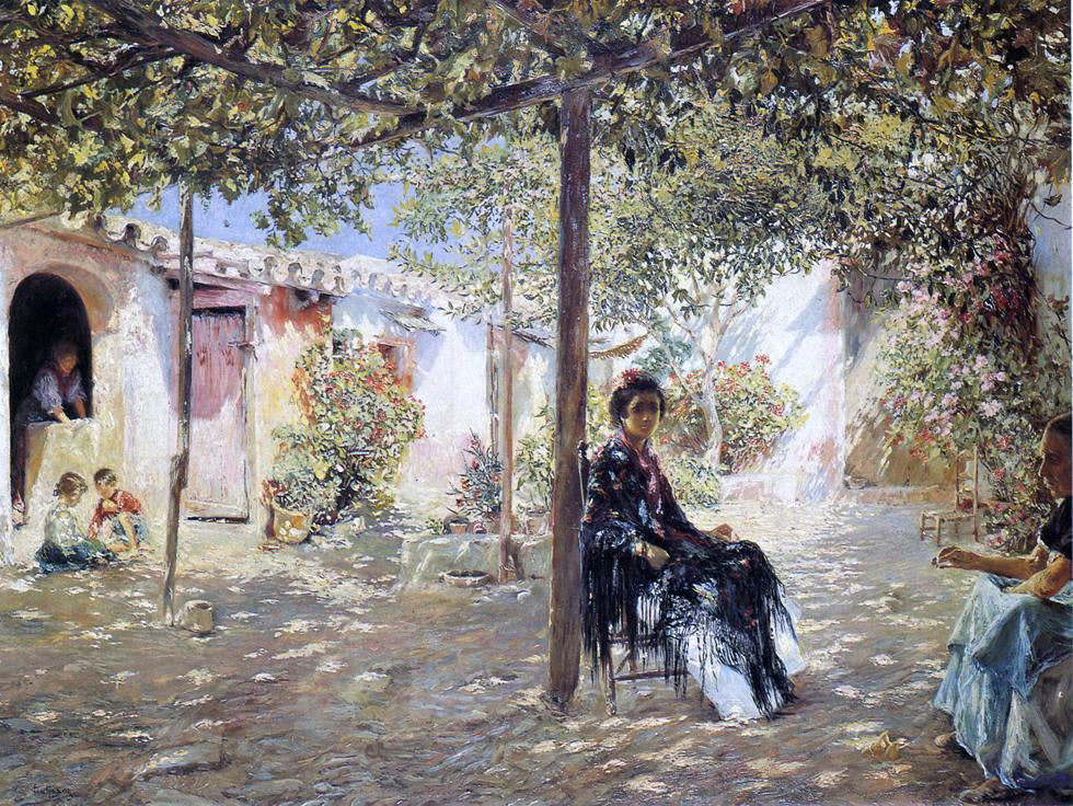 Jose Gallegos Y Arnosa Ladies in a Sun-dappled Courtyard - Canvas Print
