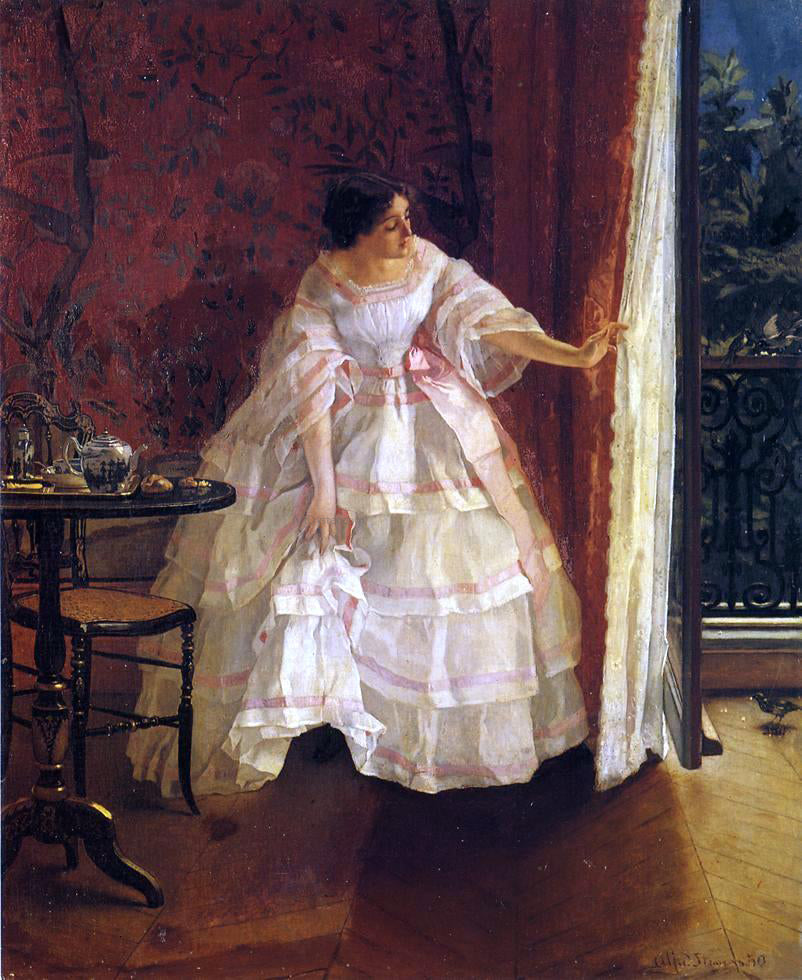 Alfred Emile Leopold Stevens Lady at a Window Feeding Birds - Canvas Print