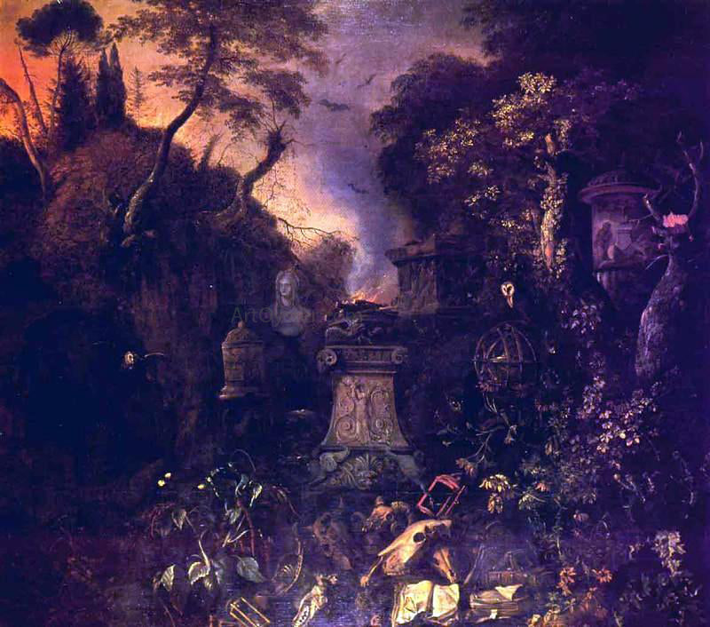 Mathias Withoos The Landscape with a Graveyard by Night - Canvas Print