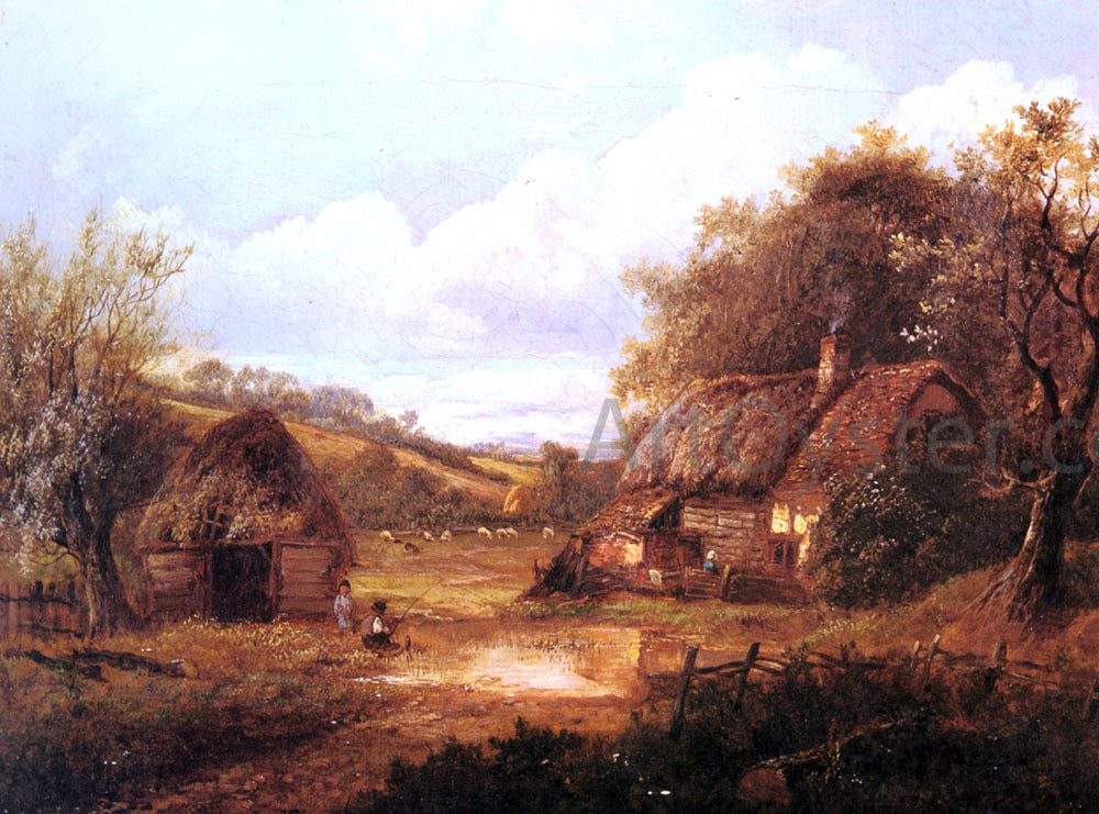 Joseph Thors Landscape with Figures Outside a Thatched Cottage - Canvas Print