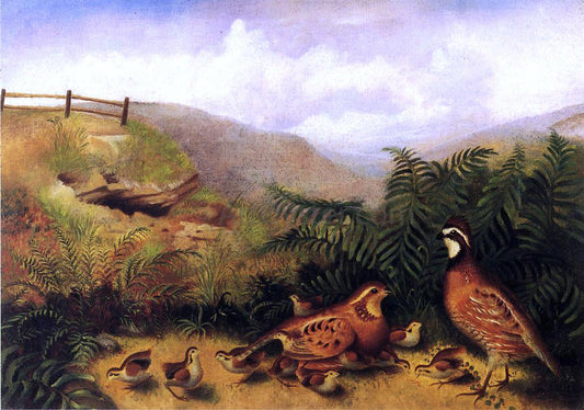 Rubens Peale Landscape with Quail - Cock, Hen and Chickens - Canvas Print