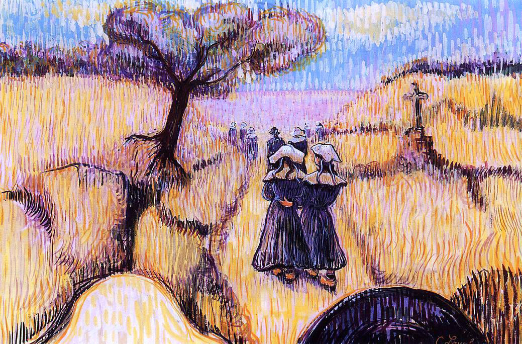 Charles Laval Landscape with Strolling Breton Women - Canvas Print