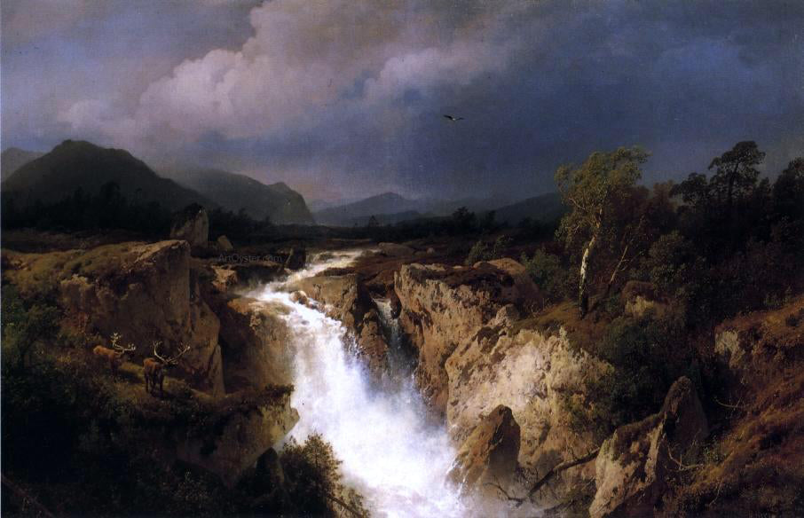 Herman Herzog Landscape with Waterfall - Canvas Print