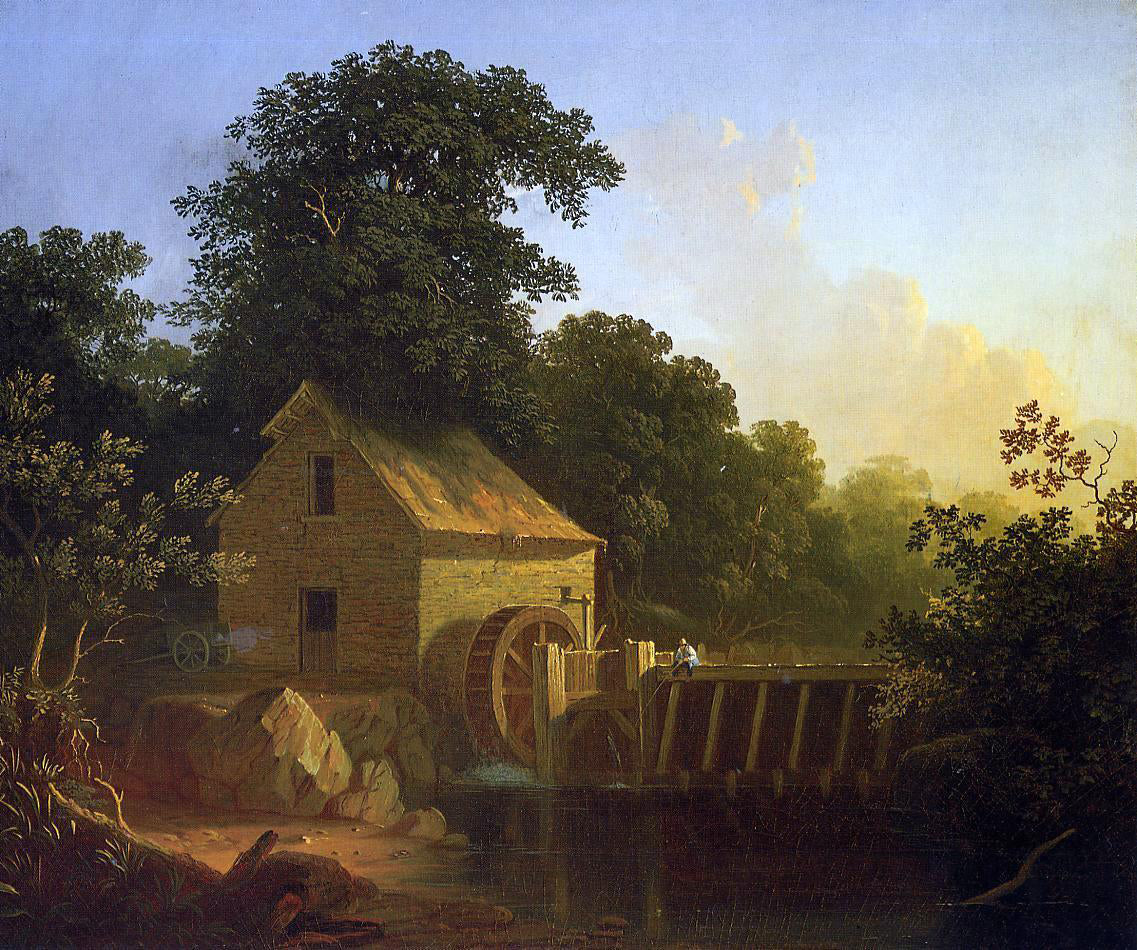 George Caleb Bingham Landscape with Waterwheel and Boy Fishing - Canvas Print