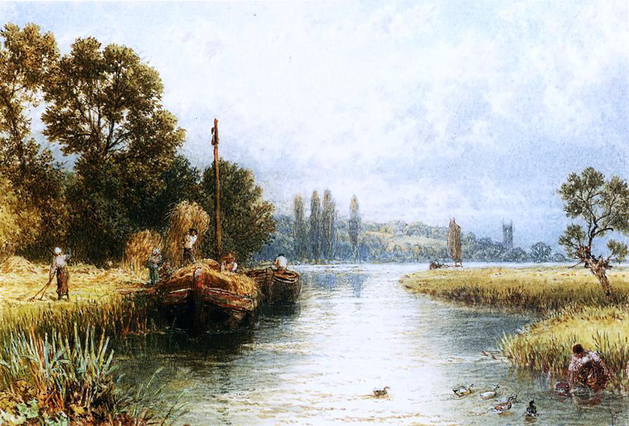 Myles Birket Foster Loading the Hay Barges, with a Young Woman Taking Water from the River in the Foreground - Canvas Print