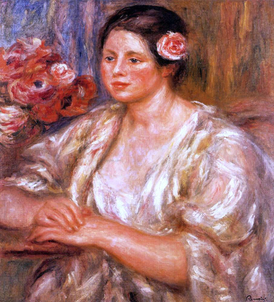 Pierre Auguste Renoir Madelaine in a White Blouse and a Bouquet of Flowers - Canvas Print